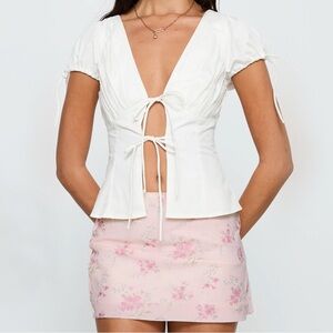 White Tie-Front Blouse and Pink Floral Skirt